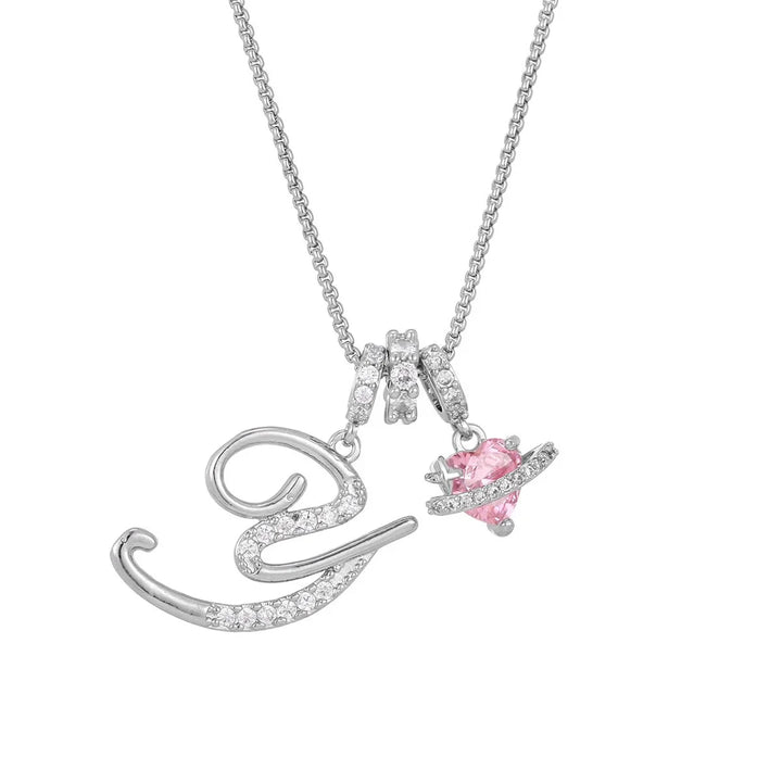 Nerute - Initial Letter Necklace With Pink Heart Charm
