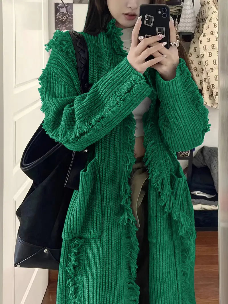 Ramziya - Elegant Long Tassel Cardigan With Pocket