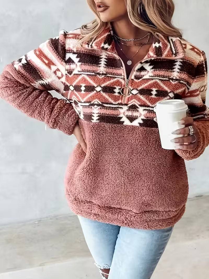 Florira - Geo Pattern Half-Zip Teddy Sweatshirt