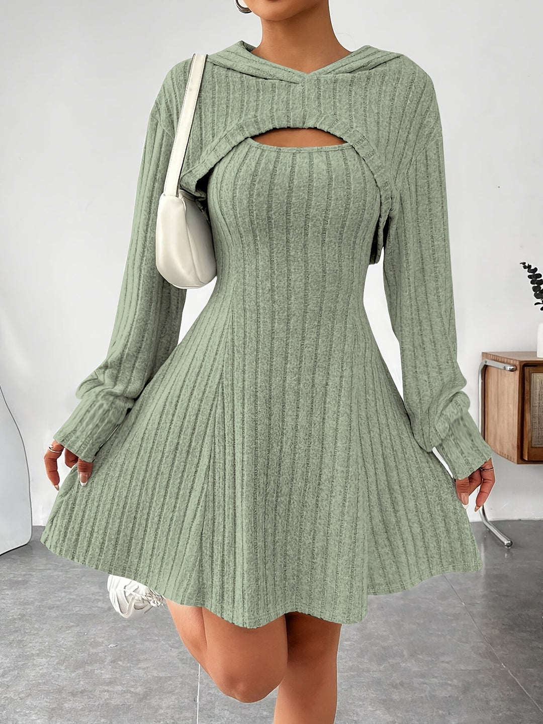 Geneeniya - Ribbed Mini Dress With Cropped Hooded Top
