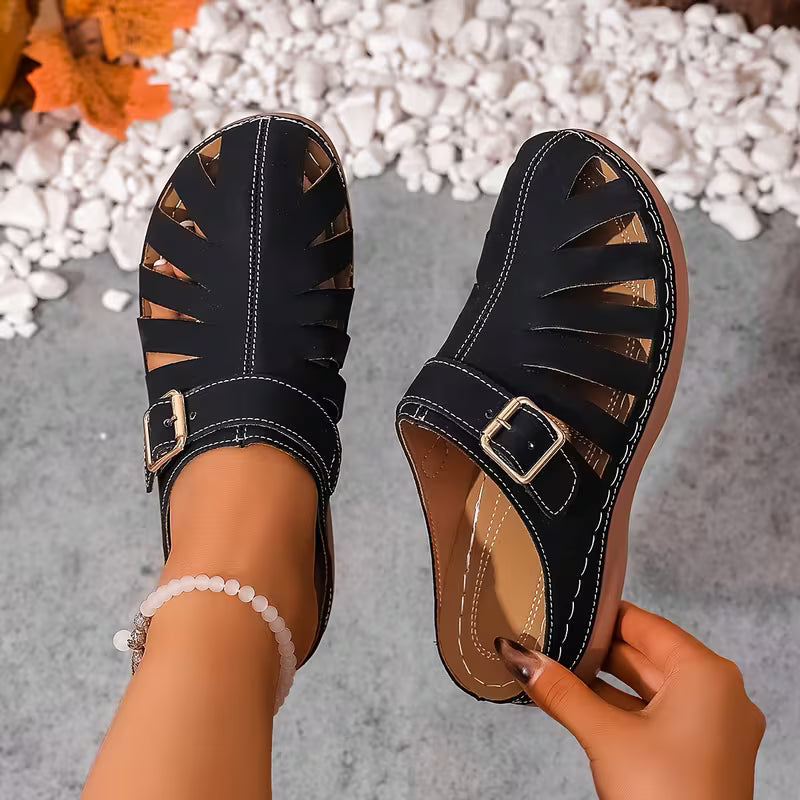 Alvena - Closed Toe Cutout Buckle Flat Sandals