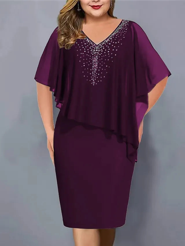 Novelia - Rhinestone-Embellished Chiffon V-Neck Dress