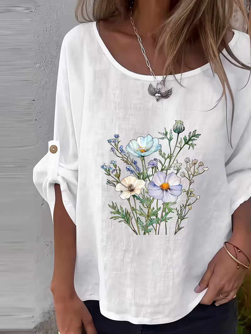 Soleelis - Floral Print Roll-Tab Sleeve Loose Top