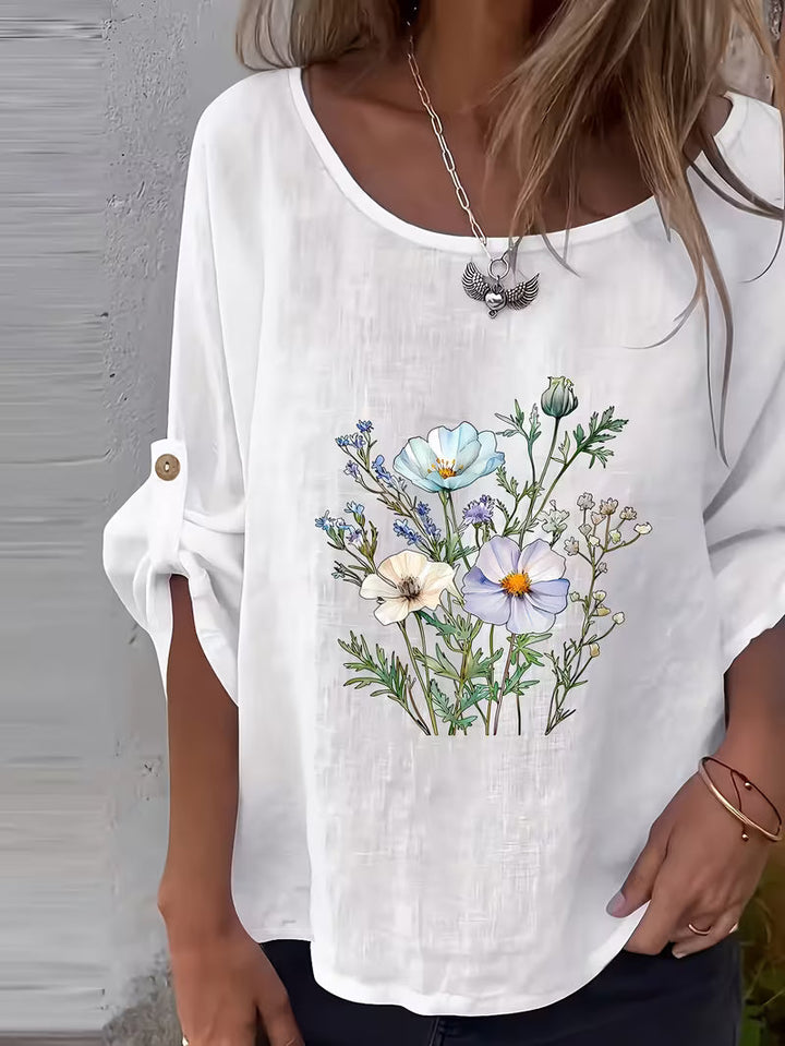Soleelis - Floral Print Roll-Tab Sleeve Loose Top