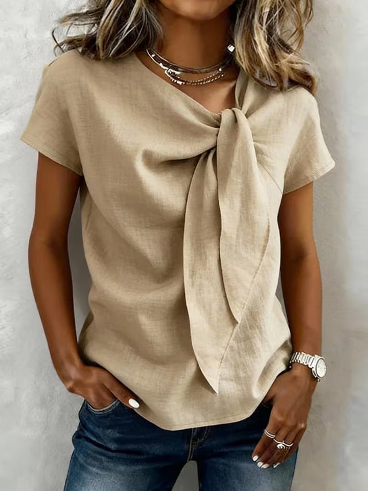Jovea - Tie-Neck Short Sleeve Top
