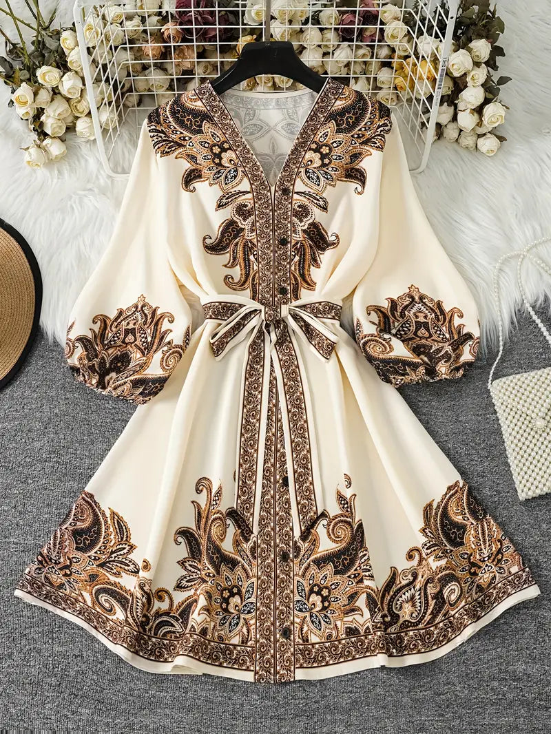Gwenda - Paisley Print A-line V-Neck Dress