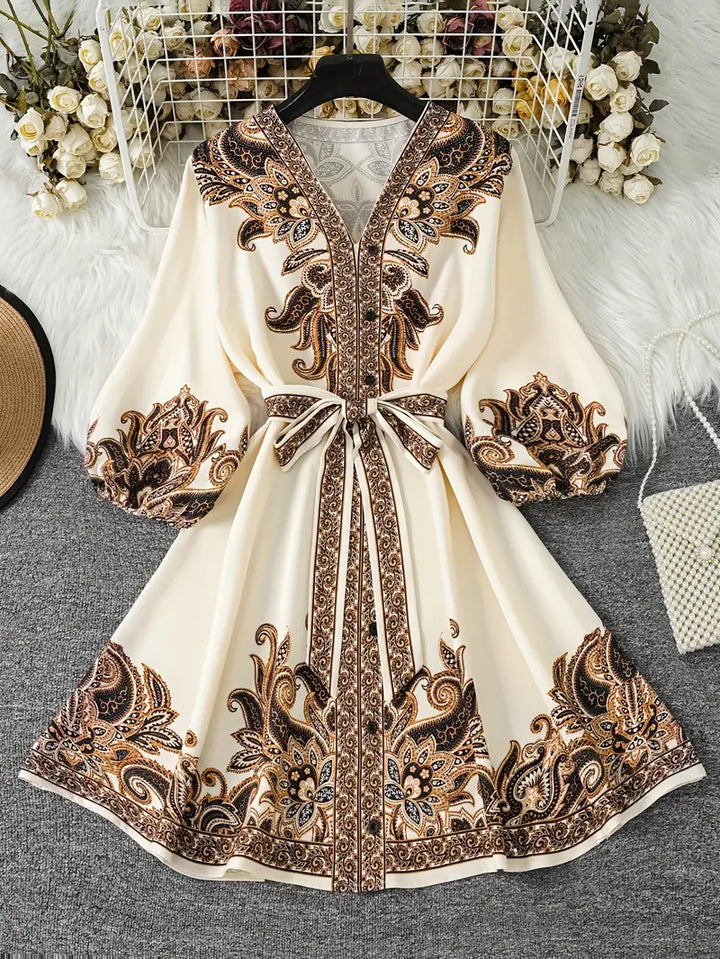 Gwenda - Paisley Print A-line V-Neck Dress