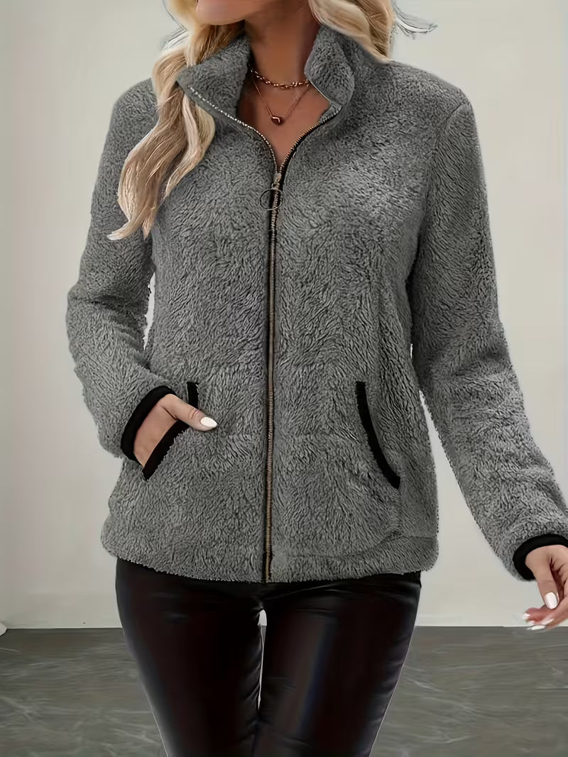 Esmeetta - Fuzzy Long Sleeve Zip-Up Jacket