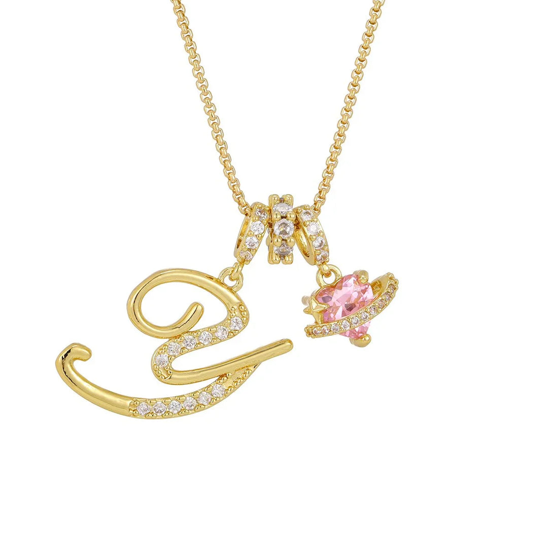 Nerute - Initial Letter Necklace With Pink Heart Charm