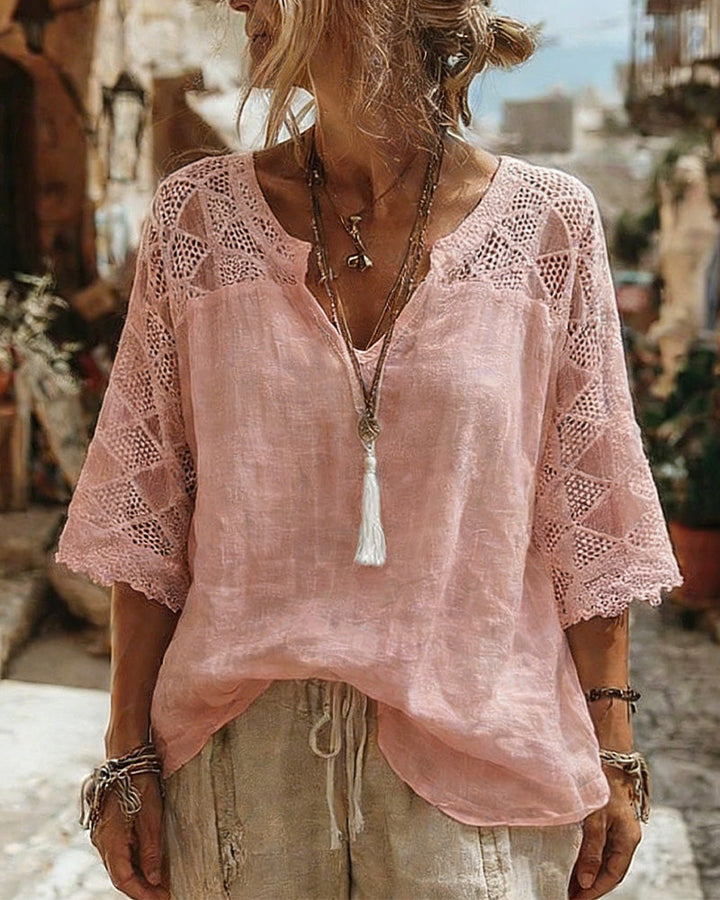 Essien - Lace Sleeve Loose Fit V-Neck Blouse