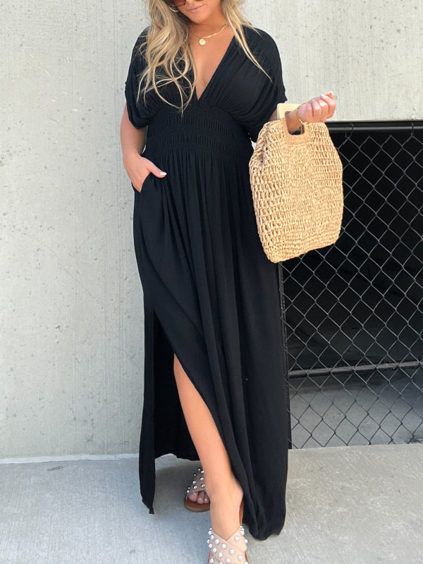 Neisya - Slit V-Neck Maxi Long Dress