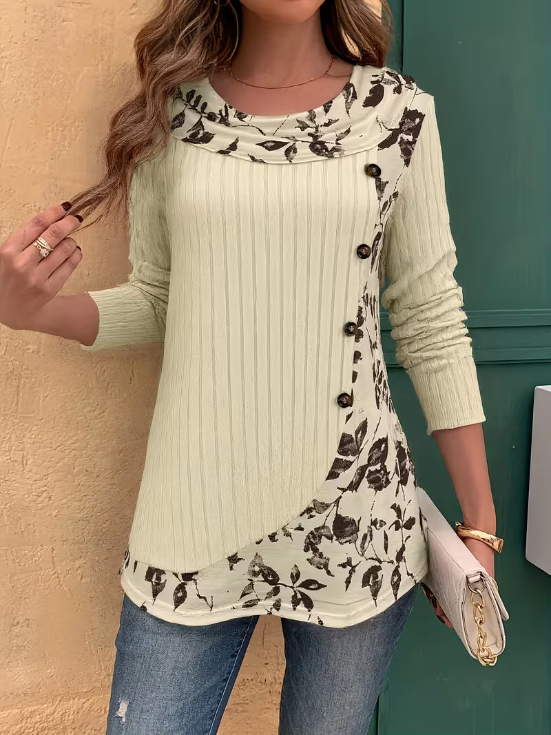 Florilitha - Ribbed Long Sleeve Printed Button Detail Top