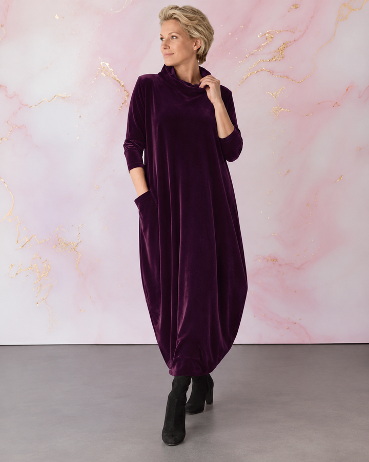 Ilianyette - Velvet High Neck Loose Fit Maxi Dress