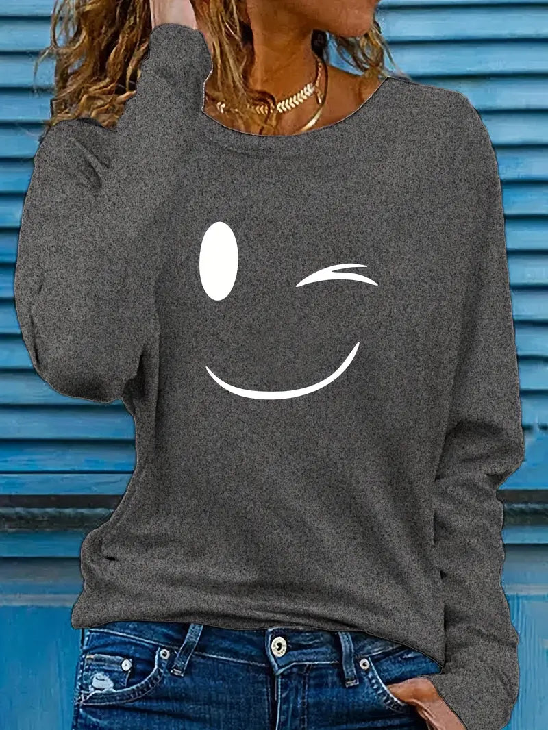 Odalina - Casual Smiley Wink Printed T-Shirt
