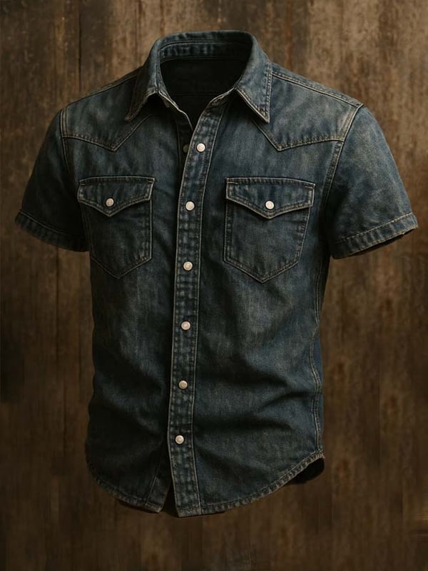 Men's Vintage Twill Shirt With Two Pockets And Short Sleeves In A Used Look