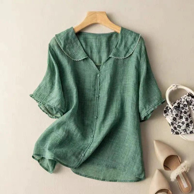 Sotiria - Elegant Linen Short Sleeve Blouse