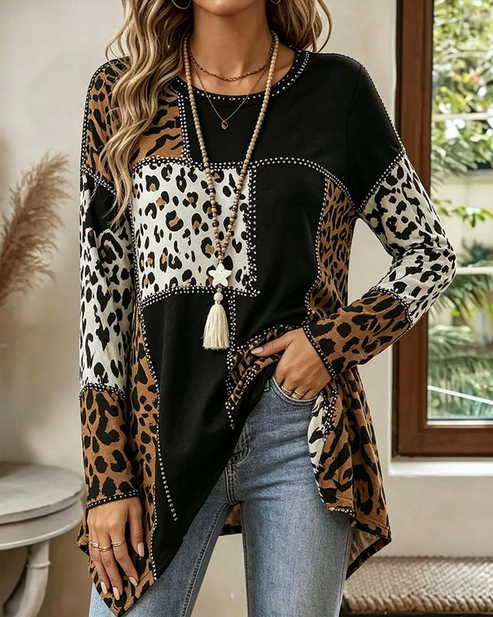 Lianenna - Irregular Patchwork Leopard Print Blouse