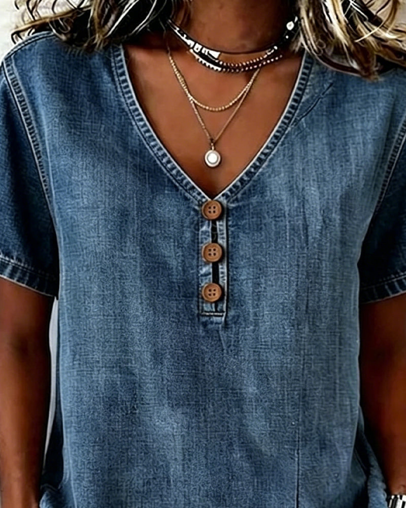 Lyjena - V-Neck Slit Denim Blouse