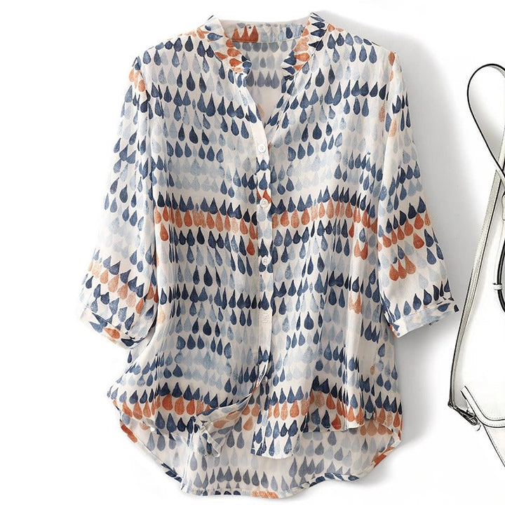 Fawna - Casual V-neck And Printed Chiffon Blouse