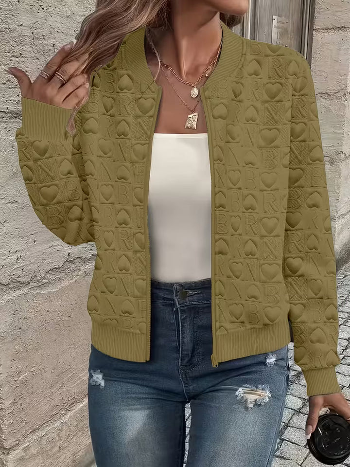 Mileisine - Embossed Heart Pattern Zip-Up Jacket