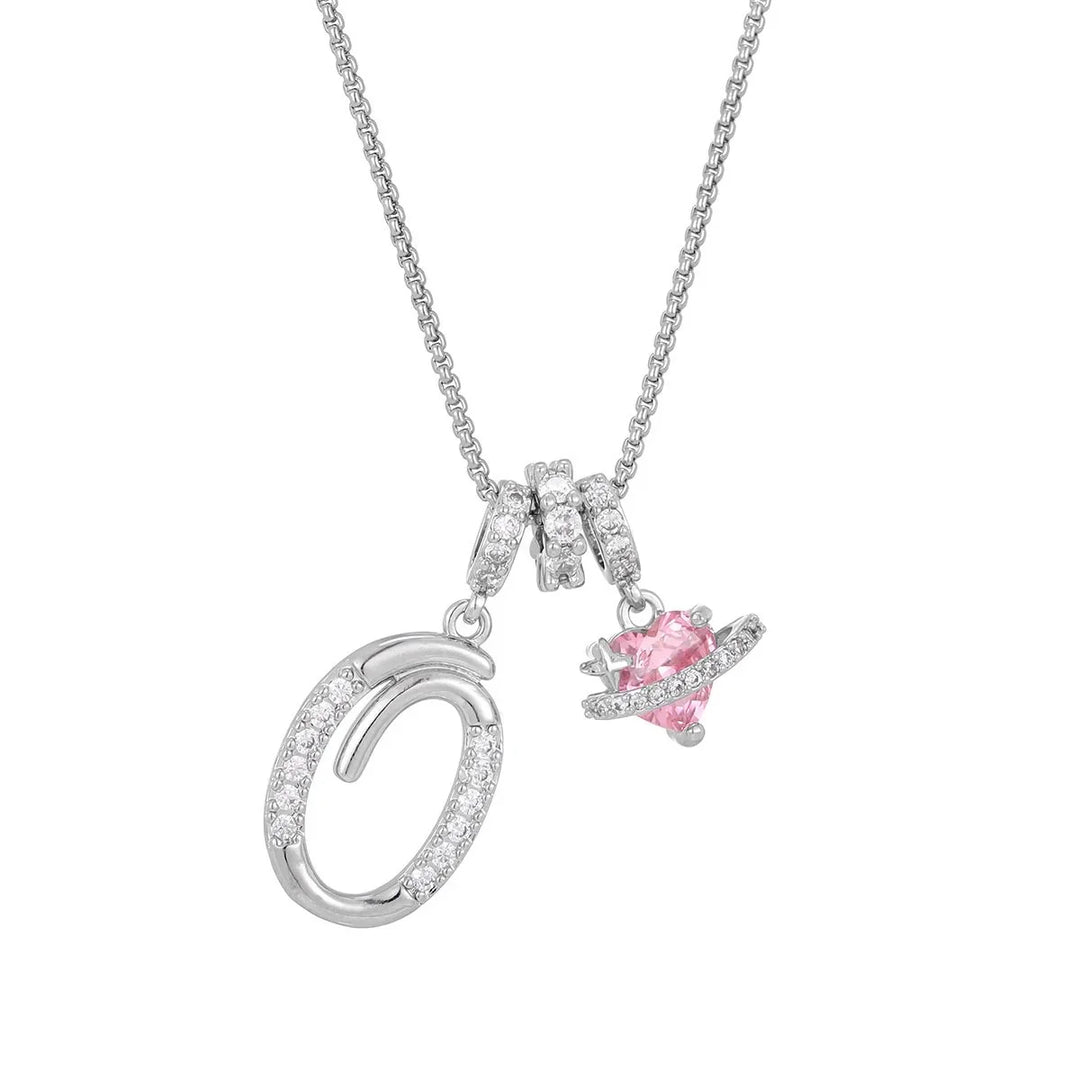 Nerute - Initial Letter Necklace With Pink Heart Charm