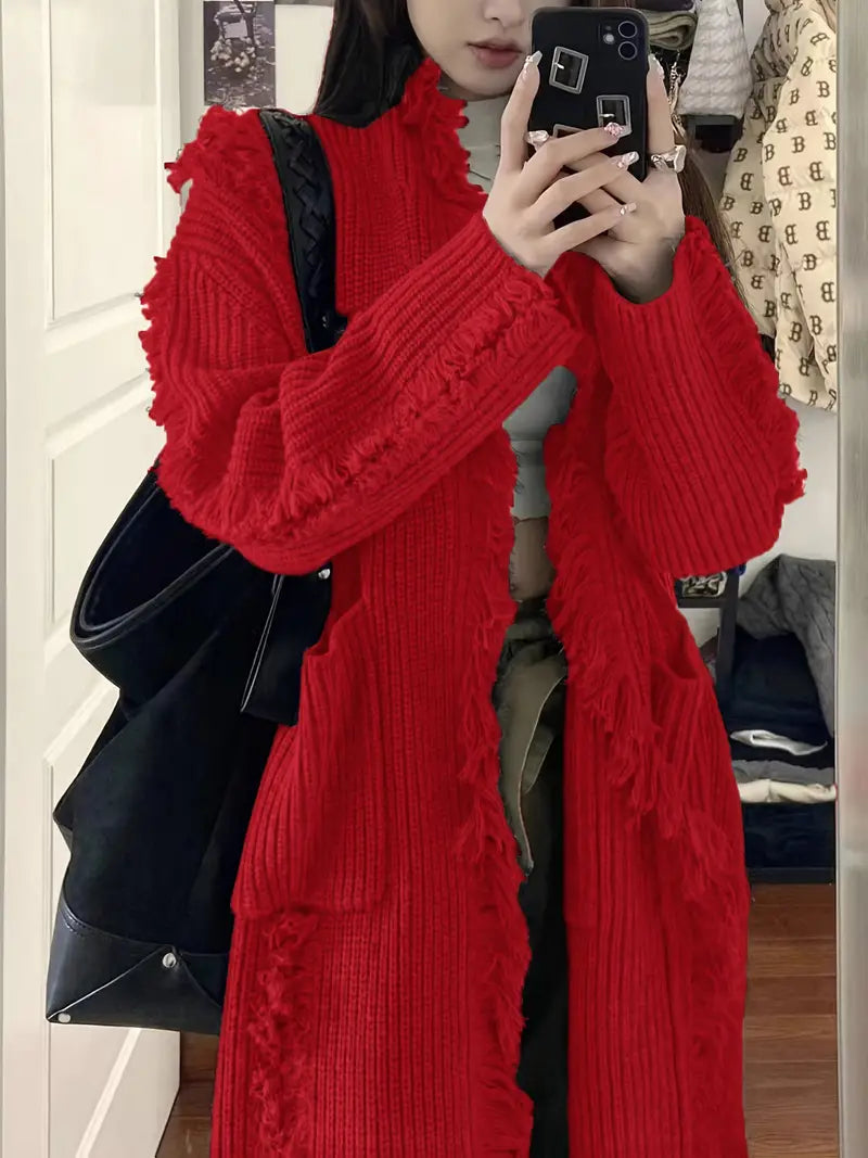 Ramziya - Elegant Long Tassel Cardigan With Pocket