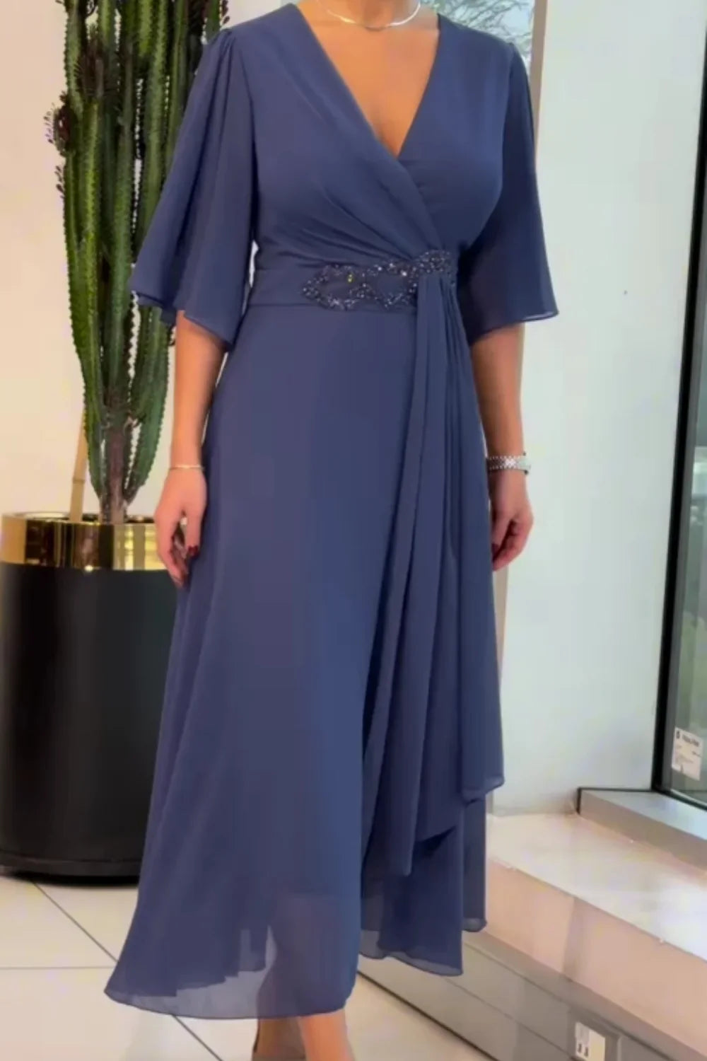 Bhagya - Elegant Long Chiffon Dress With V-Neckline
