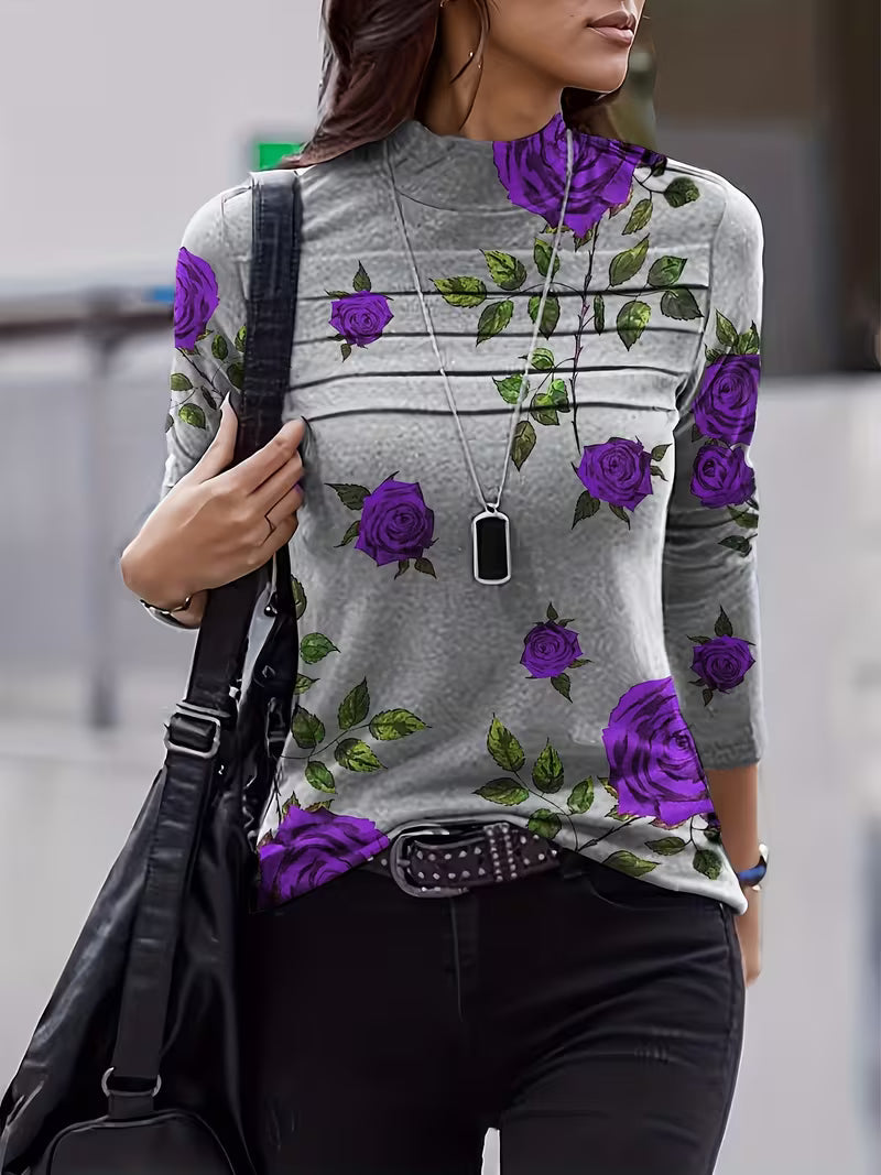 Gwenine - Floral Print Mock Neck Top