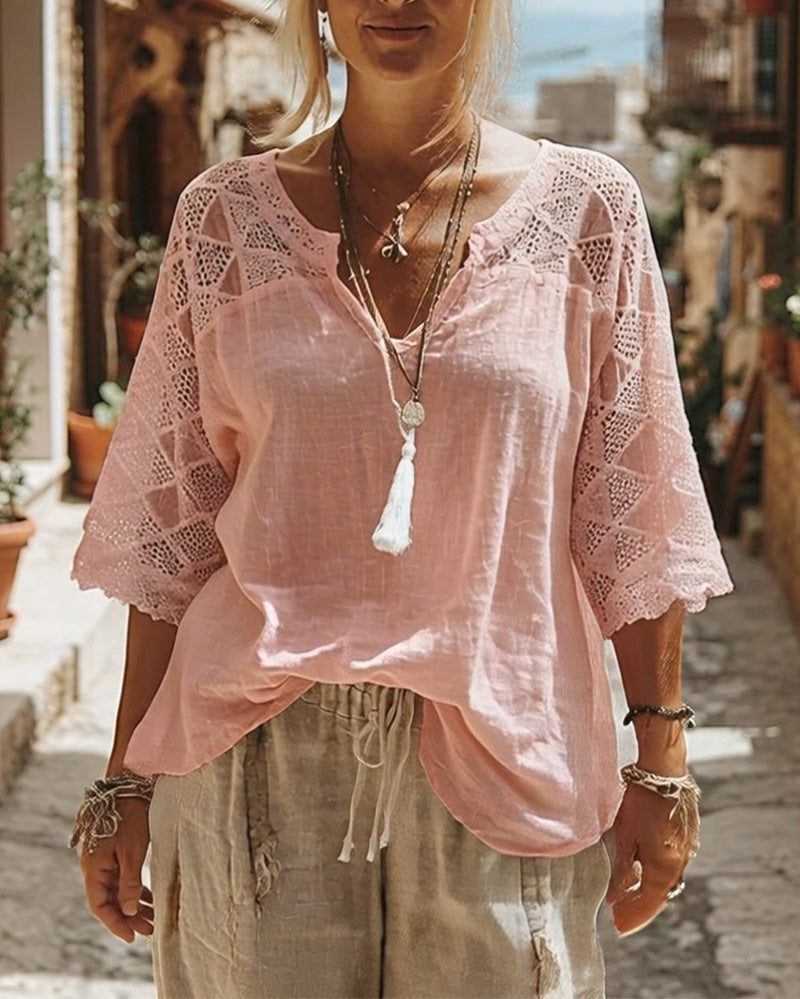 Essien - Lace Sleeve Loose Fit V-Neck Blouse