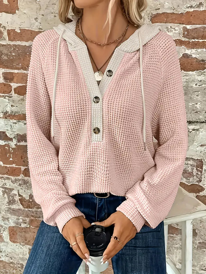 Snezhana - Long Sleeve Button Front Drawstring Hoodie