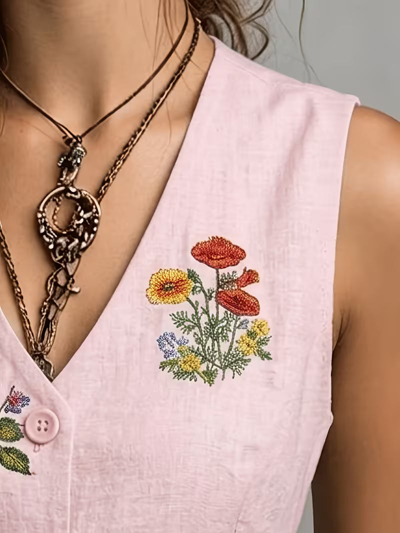 Zarelle - Embroidered Sleeveless Linen Vest