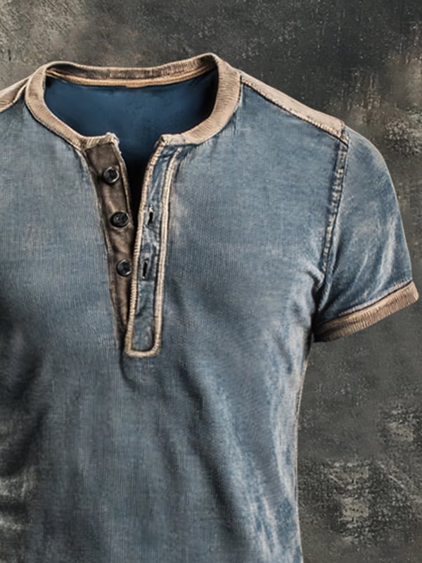 Casual Henley Top In Retro Color Block Style For Men