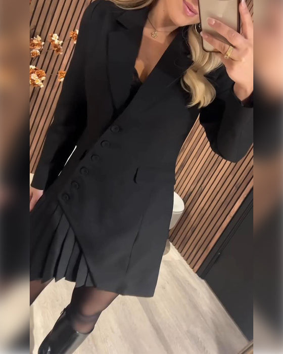 Luminita - Long Sleeve And Pleated Blazer Dress With Lapel Collar