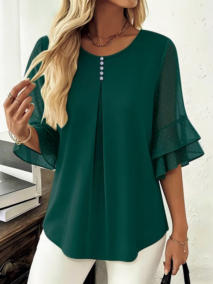 Hurley - Round Neck Blouse With Sheer Ruffle Sleeves