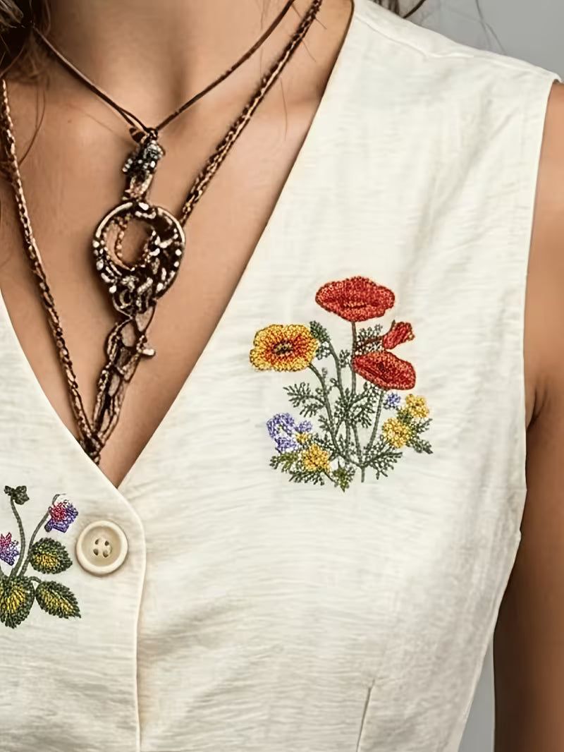 Zarelle - Embroidered Sleeveless Linen Vest