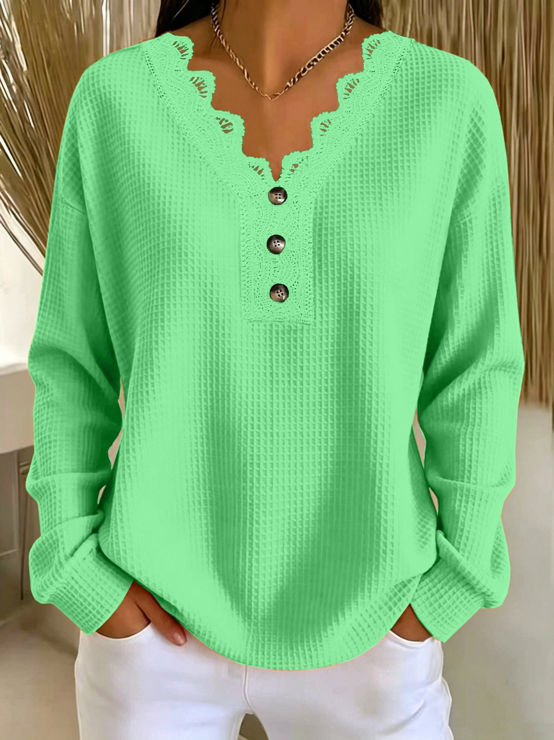 Brigeaia - Winter Long Sleeve Lace Top With Button
