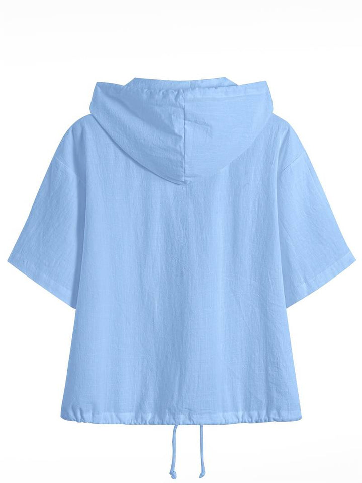 Senushi - Short Sleeve Loose Hooded With Zippered