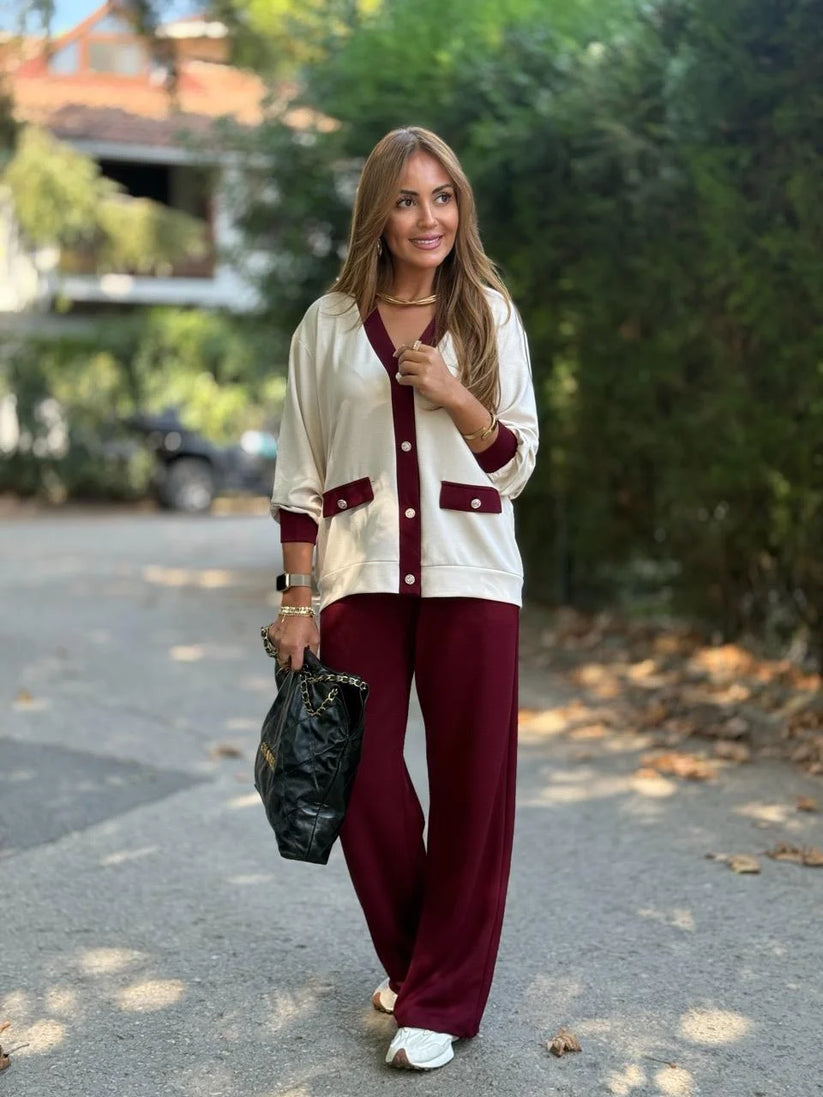 Phaedra - Ribbed Cardigan And Wide Legs Trouser