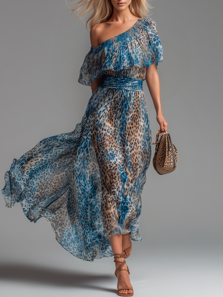 Siania - Leopard Print Chiffon Off-Shoulder Dress