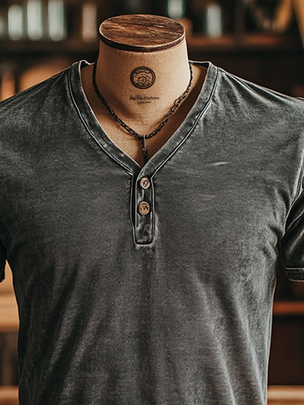 Men's Vintage Style T-Shirt Classic Made From Washed Leather With A V-Neck And Button Placket Short Sleeves