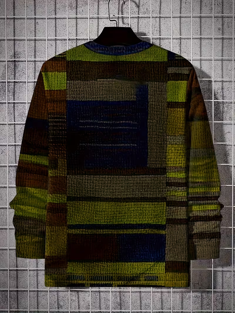 Dravric - Patchwork Geometric Print Long Sleeve Shirt