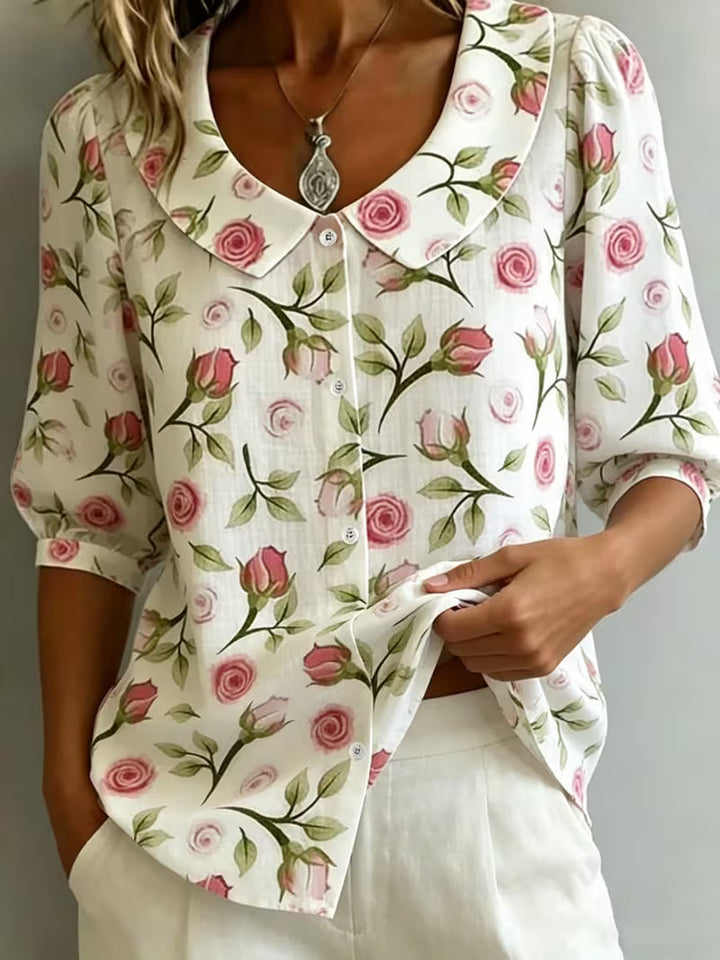 Alvique - Floral Print Collar Short Sleeve Blouse