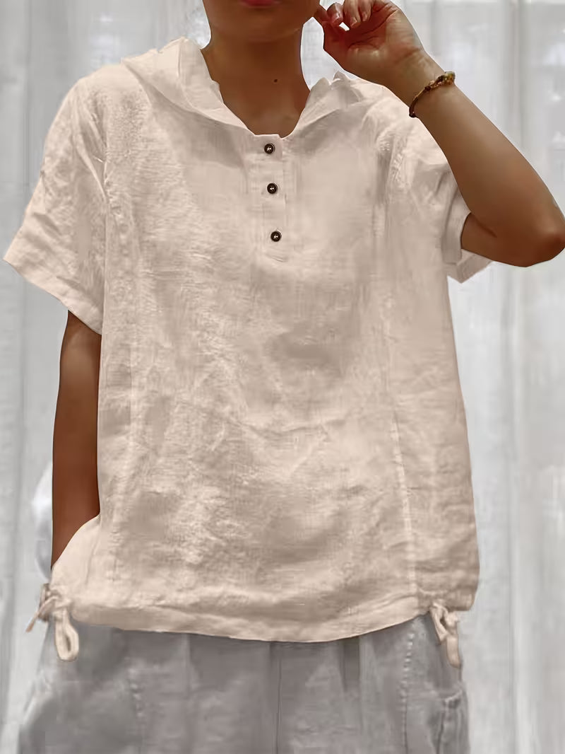 Bouchra - Loose Solid Color Hooded Short Sleeve Front Button