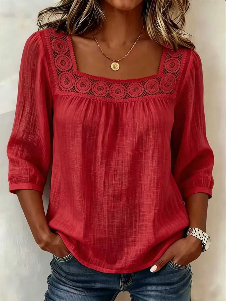 Nozomi - Square Neck Lace Patchwork Blouse
