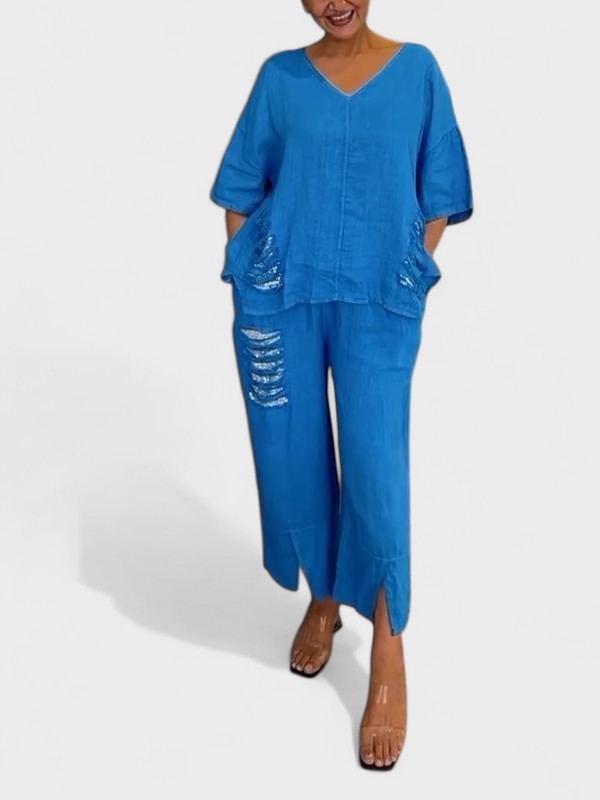 Raisa - V-Neck Two Piece Set For Summer