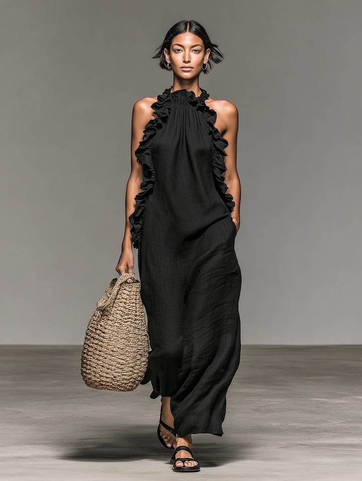 Brigonira - Sleeveless Ruffle Halter Neck Long Dress With Pockets