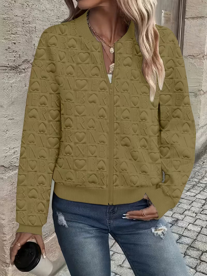 Mileisine - Embossed Heart Pattern Zip-Up Jacket