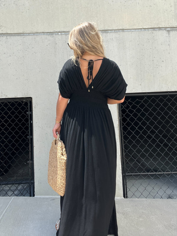 Neisya - Slit V-Neck Maxi Long Dress
