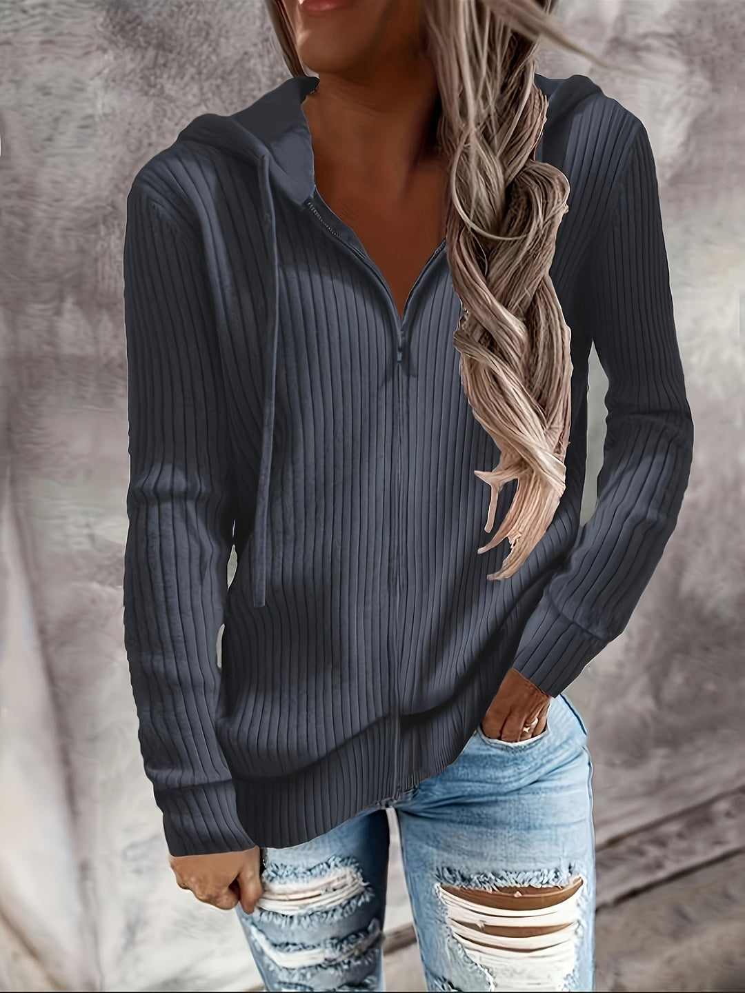 Tatjorina - Loose Fit Long Sleeve Ribbed Hooded Cardigan