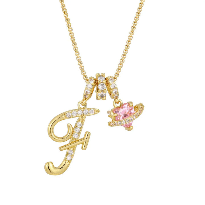Nerute - Initial Letter Necklace With Pink Heart Charm